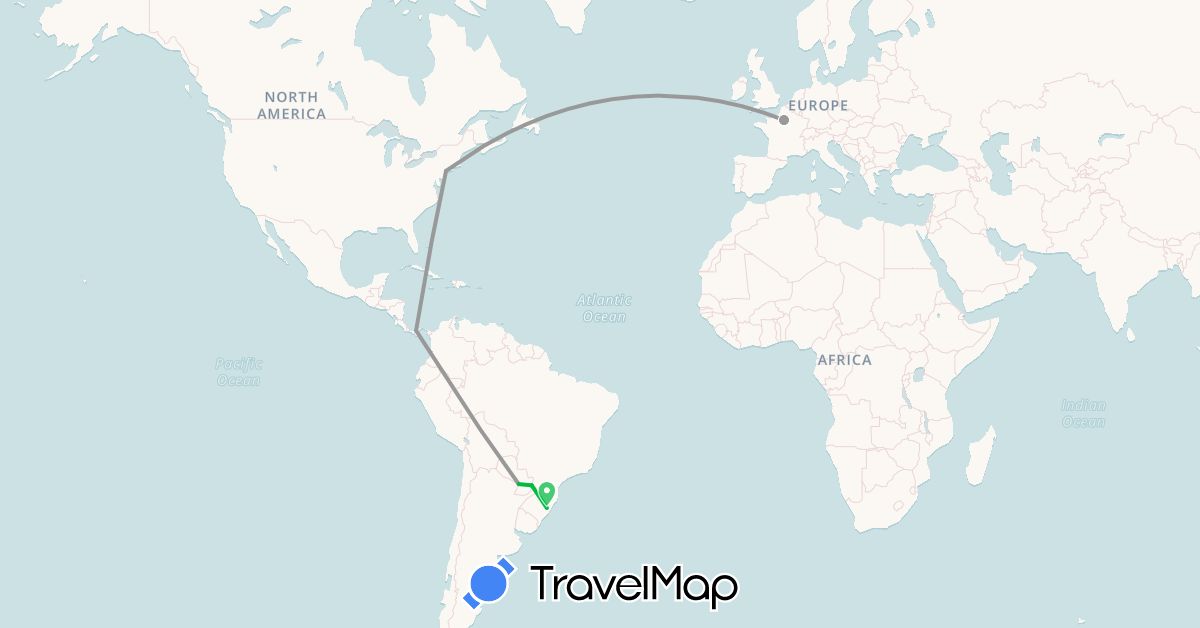 TravelMap itinerary: driving, bus, plane in Argentina, Brazil, France, Panama, Paraguay, United States (Europe, North America, South America)